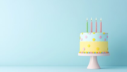 Colorful birthday cake with candles on a stand against a light blue background, ideal for celebrations