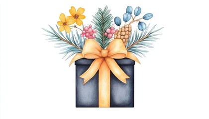 A beautifully wrapped gift box adorned with colorful flowers and pine branches, perfect for celebrations