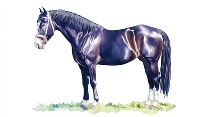 Majestic black horse standing gracefully on green grass, showcasing its beauty in a serene outdoor setting