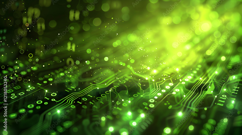 Poster abstract digital background featuring green circuit patterns and glowing particles.