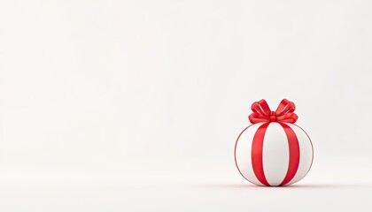 A beautifully wrapped round gift with red stripes and a bow, placed on a clean white background