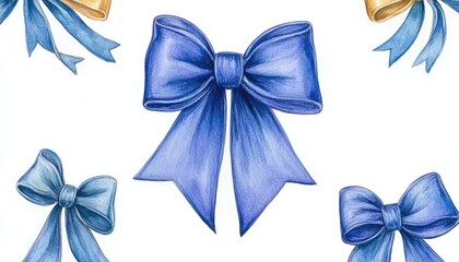 Colorful watercolor bows in various shades of blue and gold, creating a festive and decorative background