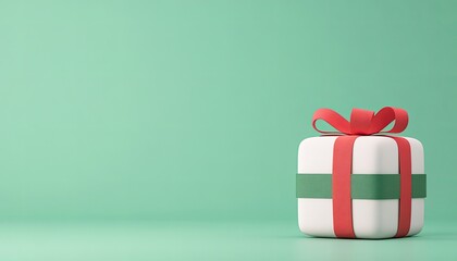 A beautifully wrapped gift box with a red ribbon on a soft green background, symbolizing celebration