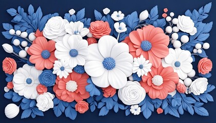 Vibrant floral arrangement featuring white, red, and blue flowers against a dark background
