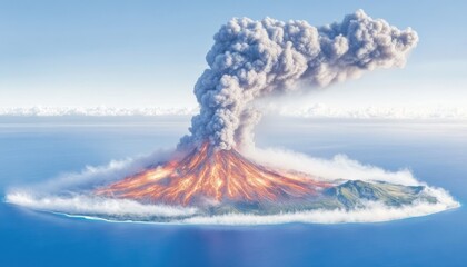 Erupting Volcano Spewing Ash and Lava into the Sky Over a Serene Ocean Landscape, Capturing Nature's Fury