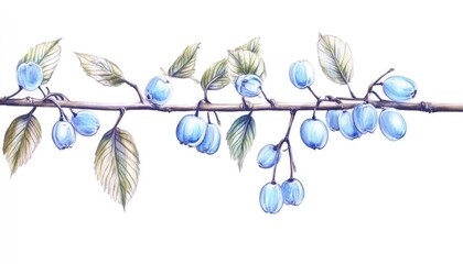 Delicate watercolor illustration of blue berries on a branch with green leaves against a white background