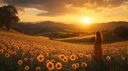 Woman in a flowing dress stands amidst a vibrant sunflower field at sunset, with rolling hills in the background