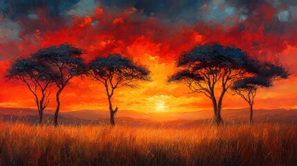 Fiery sunset over African savanna with acacia trees.