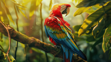 Obraz premium Colorful macaw parrot perched on a branch in a lush tropical forest during golden hour.