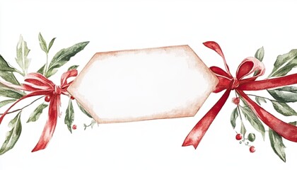 Festive watercolor illustration featuring a blank tag adorned with red ribbons and holiday greenery