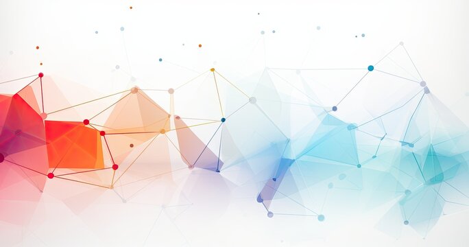 Abstract geometric design with colorful nodes and connections on a light background.
