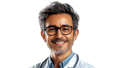 A man with glasses is smiling and wearing a white shirt