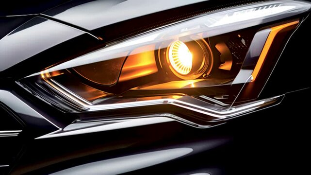 スタイリッシュなデザインの車のヘッドライトのクローズアップ