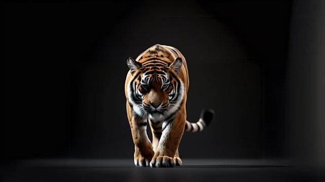 Majestic Tiger on Black Background: A powerful Siberian tiger strides confidently towards the camera, its stripes stark against the black background, captivating with raw strength and majestic beauty.
