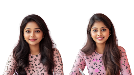 Two women with long hair and pink shirts are sitting next to each other