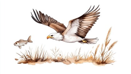 Obraz premium A majestic eagle soaring above a stream, hunting for fish amidst tall grasses and reeds