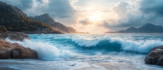 Dramatic Ocean Waves Crashing on a Rocky Shore at Sunrise.