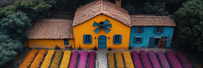 Colorful cottage with windmill and flower garden.