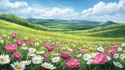Obraz premium Vibrant Landscape with Colorful Wildflowers and Rolling Green Hills