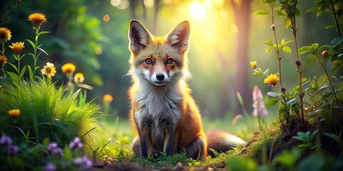 Enchanting Portrait of a Little Fox in a Magical Forest Setting, Capturing Its Playful Spirit and Natural Beauty, Ideal for Wildlife Enthusiasts and Nature Lovers