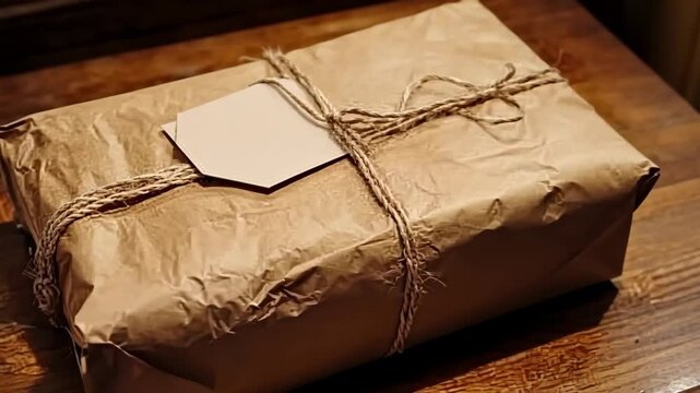 Wrapped package resting on a wooden surface with twine and a blank tag ready for delivery