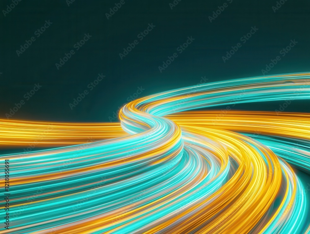 Poster dynamic golden and teal light streaks creating elegant loops on black gradient background abstract a