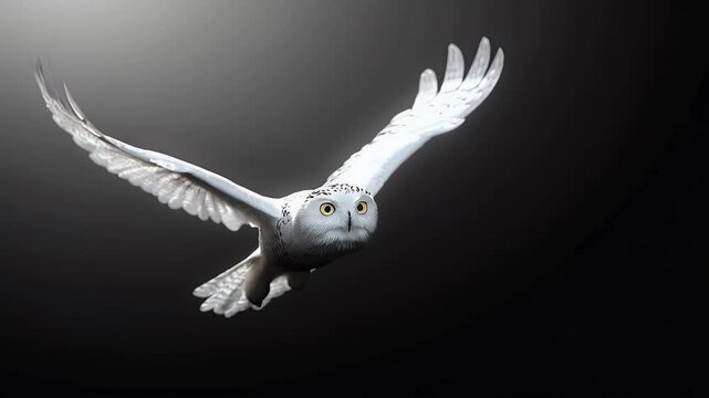 Snowy Owl in Flight: A majestic snowy owl, with its striking white plumage and piercing yellow eyes, glides effortlessly through the air against a dramatic dark background., 4k video