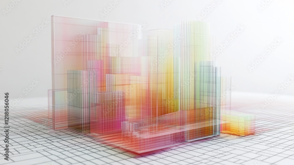 Poster a d chart with multiple layers of transparent bars rising from a grid, illustrating complex data tre