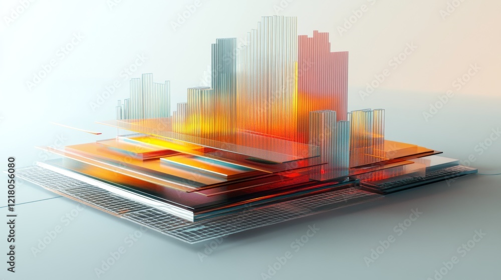 Poster a d chart with multiple layers of transparent bars rising from a grid, illustrating complex data tre