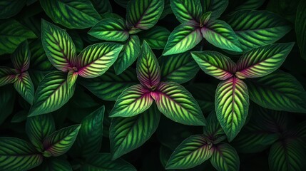 Fototapeta premium Lush green leaves with red veins, tropical foliage background.