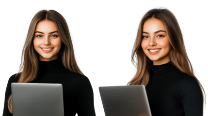 Two women are smiling and holding a laptop