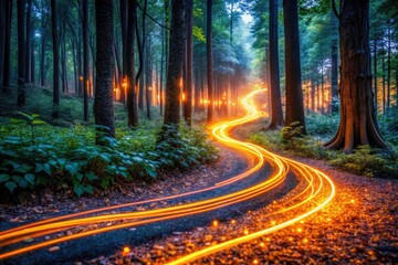 Glowing Orange Forest Trail, Bokeh, Night Photography, Dark Woods, Light Trails, Mystical Forest, Autumn Glow