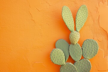 A cactus with rabbit ears in front of an orange wall and space for text.