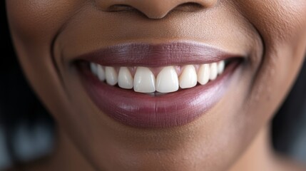 A close-up of a woman's smile, with white, straight teeth and full lips, exuding confidence and warmth in a candid moment.