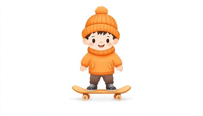 Naklejka premium Cheerful child in orange winter attire skateboarding on a wooden board against a plain white background