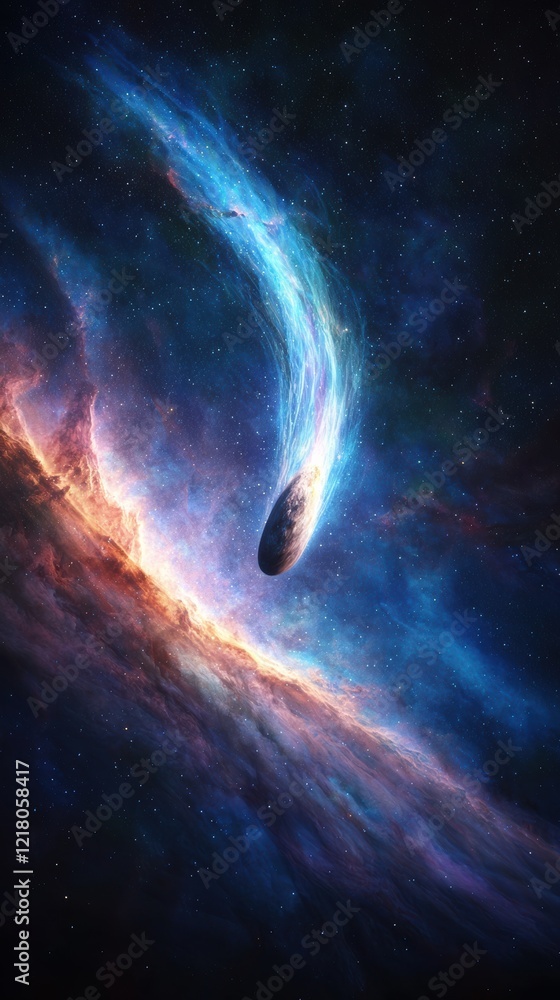 Poster comet journey through vibrant nebula clouds cosmic event celestial environment awe-inspiring perspec