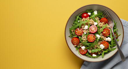 A bowl of farro salad with arugula cherry tomatoes and feta on a mustard yellow background with negative space for text or graphics, ideal for minimalistic and visually appealing designs