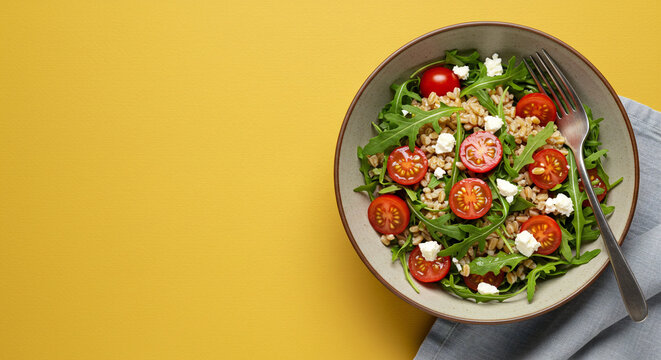 A bowl of farro salad with arugula cherry tomatoes and feta on a mustard yellow background with negative space for text or graphics, ideal for minimalistic and visually appealing designs