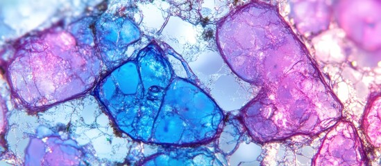 Microscopic view of colorful, translucent, irregular shapes resembling crystals or cells.