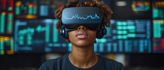 Young person using VR headset, viewing stock market data.