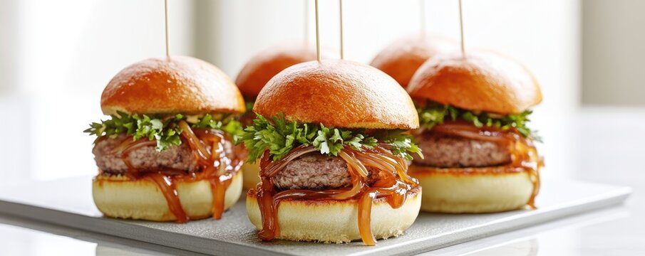 Gourmet mini burgers with caramelized onions, served on a plate. Food photography for recipe