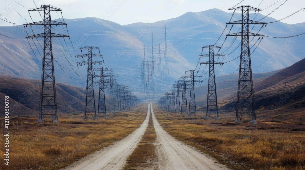 Poster a high-resolution shot of multiple electricity transmission towers lined up in a row, emphasizing th