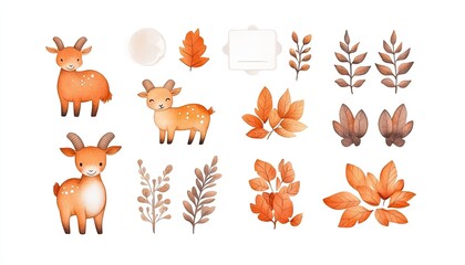 Whimsical illustration of playful goats and autumn leaves in warm orange tones for seasonal decor