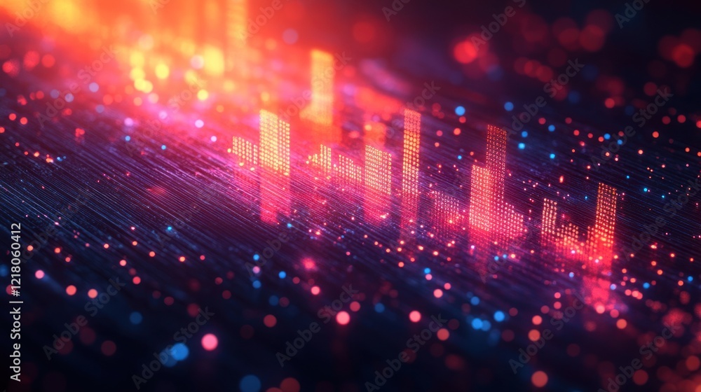 Poster abstract digital data visualization: glowing bar graphs in a network of light