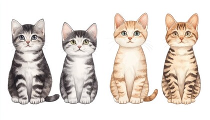 Four adorable cartoon kittens sitting side by side, showcasing their unique fur patterns and expressions