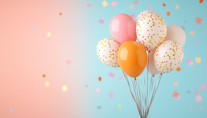 Colorful balloons with confetti against a pastel background, perfect for celebration themes