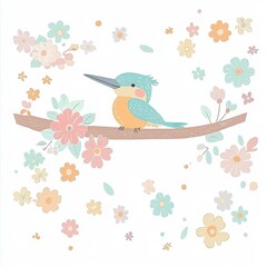 Cute bird sitting on branch with colorful flowers in background