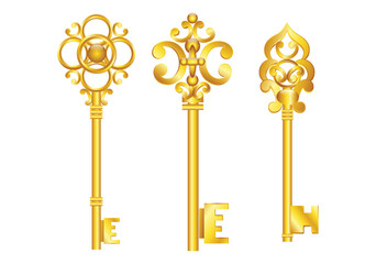 Set illustration of three ornate vintage-style golden keys. Each key showcases intricate designs on its bow and bit, symbolizing elegance and timeless craftsmanship. Perfect for design projects