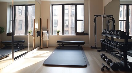 Modern home gym setup with sleek equipment with natural light through large window