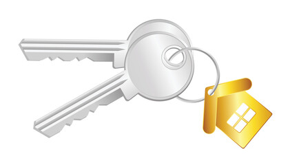 Set illustration of two silver keys on a ring, featuring a golden house-shaped keychain with a window design. This image symbolizes property ownership, real estate, home security, and access